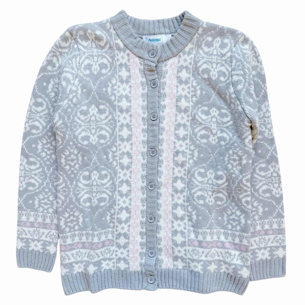 National Cardigan Coastal Grandma Sweater Size Large Grey Pink Cottagecore Knit